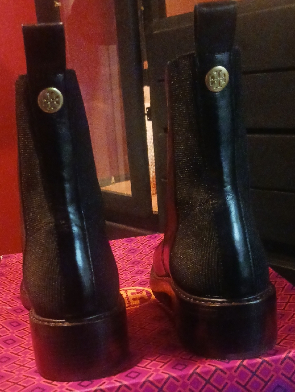 Tory Burch Black Leather Chelsea Boots with Gold Emblem